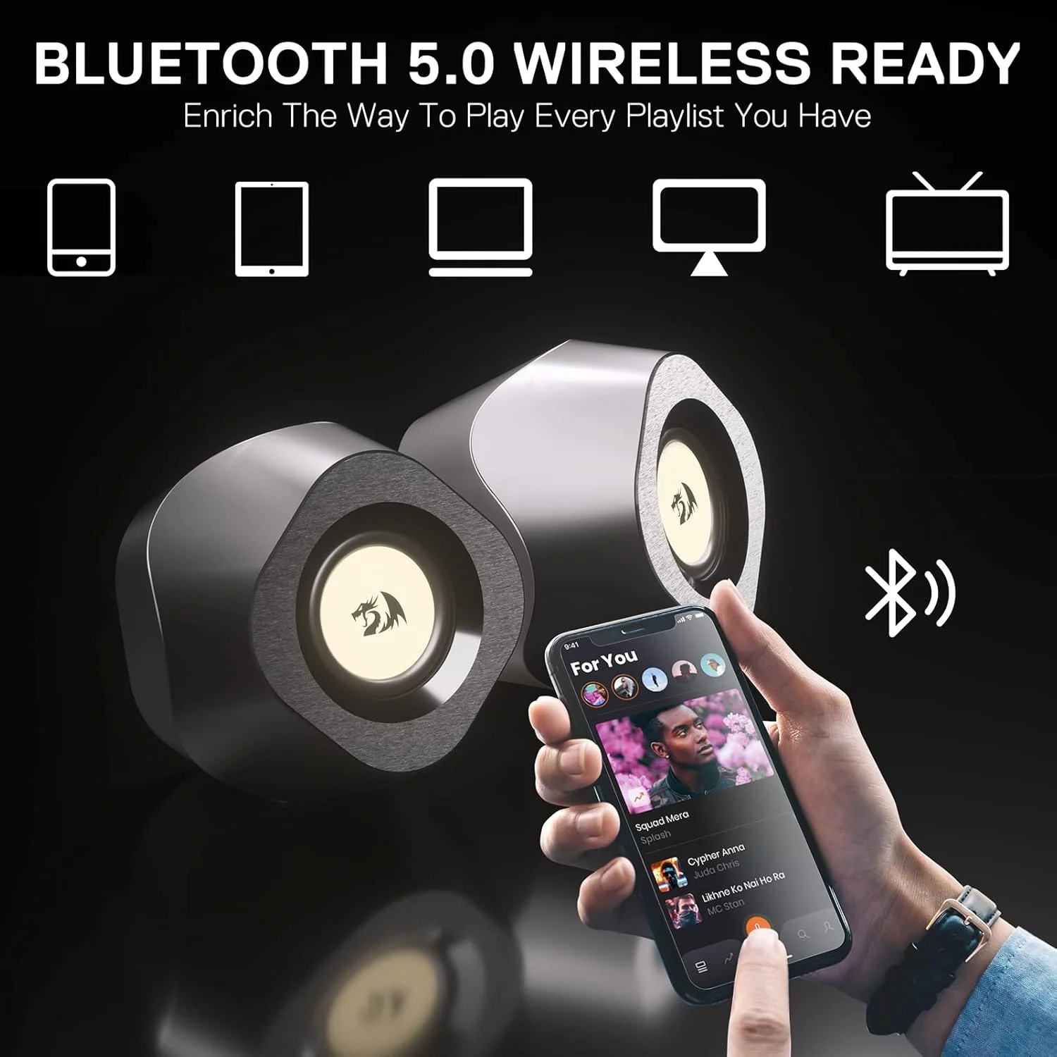 اسپیکر دسکتاپ RGB بی‌سیم Redragon GS590، اسپیکر استریو کامپیوتر 2.0 با حالت‌های BT 5.0/AUX/USB، اندازه جمع و جور، نور پس‌زمینه RGB و جعبه کنترل آسان در خط، تغذیه از طریق USB