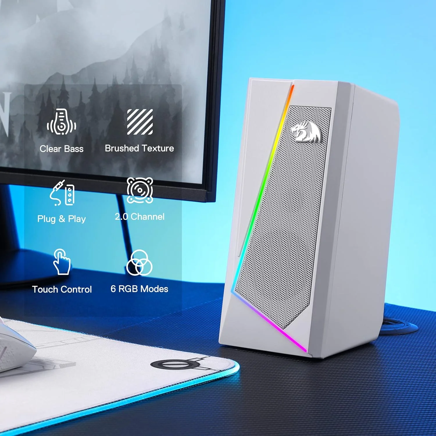 اسپیکر دسکتاپ RGB رداگون GS520، اسپیکر استریو کامپیوتر PC 2.0 کاناله با 6 حالت LED رنگارنگ، صدای بهبود یافته و کنترل صدا با دسترسی آسان، تغذیه از طریق USB با کابل 3.5 میلی متری، سفید
