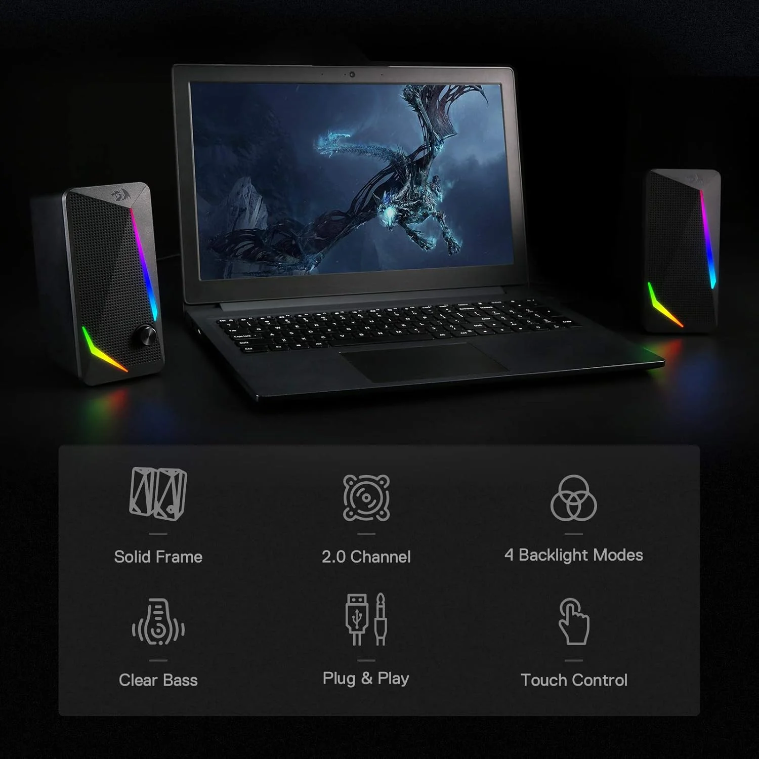 اسپیکر دسکتاپ RGB رداگون GS510، اسپیکر استریو کامپیوتر PC 2.0 کاناله با 4 حالت نور پس زمینه LED رنگارنگ، باس تقویت شده و کنترل آسان صدا، تغذیه از طریق USB با کابل 3.5 میلی متری