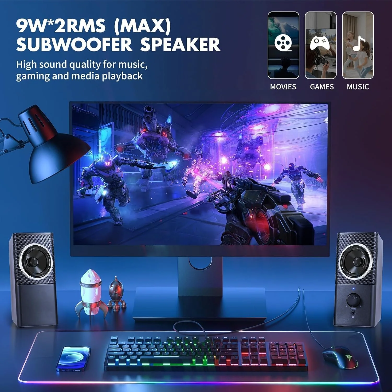 اسپیکر کامپیوتر کلاسیک ottosing H21 برای کامپیوتر رومیزی، صدای استریو کامل، تغذیه از طریق USB، اسپیکر گیمینگ با AUX چندرسانه ای 3.5 میلی متری برای لپ تاپ/رومیزی/تبلت/تلفن (مشکی)