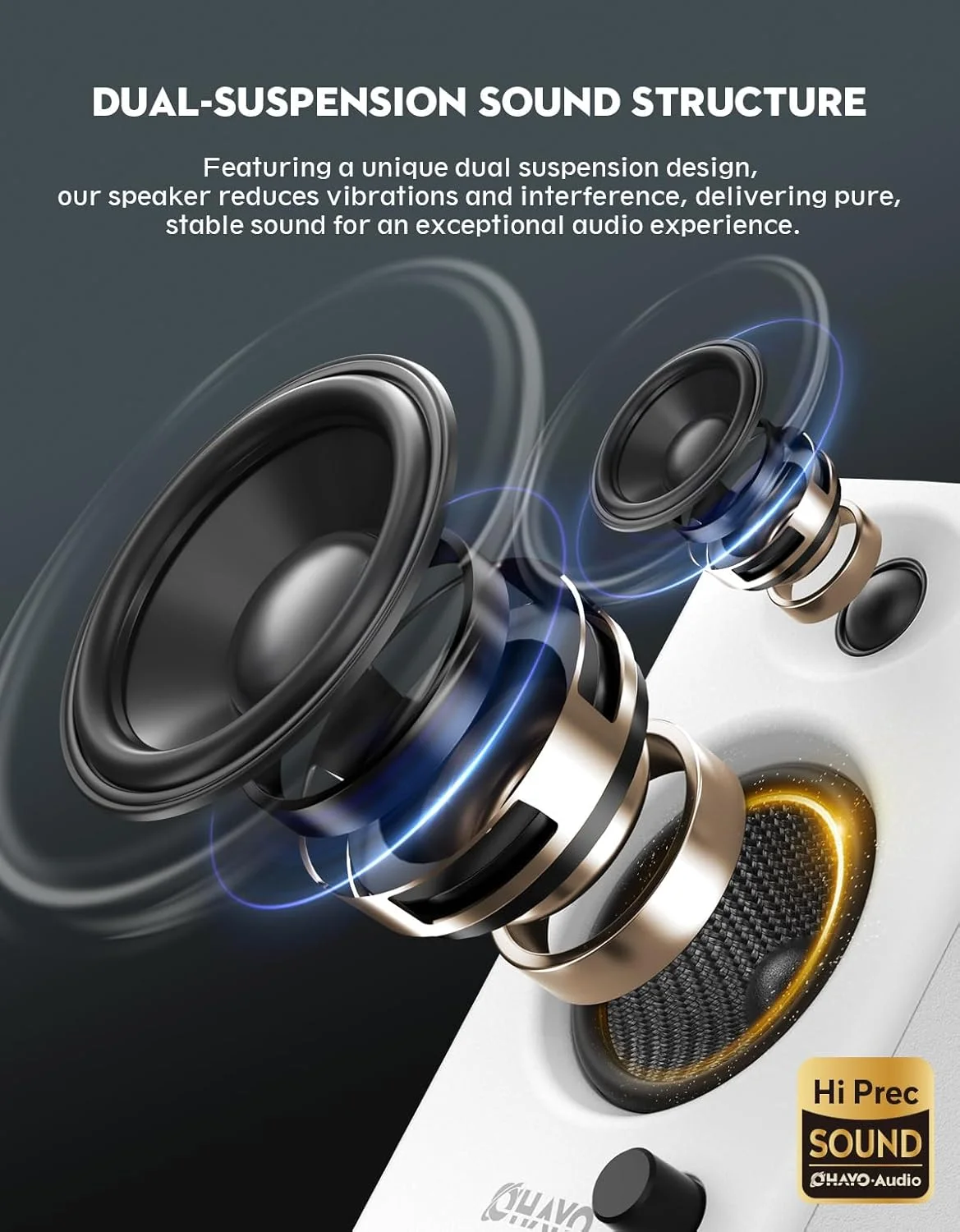 اسپیکرهای کامپیوتر 60 واتی OHAYO برای بازی و موسیقی، بلوتوث 5.3 فعال، اسپیکرهای استریو 2.0 برای کامپیوتر رومیزی یا لپ تاپ، اسپیکر صدای فراگیر، ورودی AUX RCA 3.5 میلی متری، تغذیه از طریق USB، یک جفت، سفید