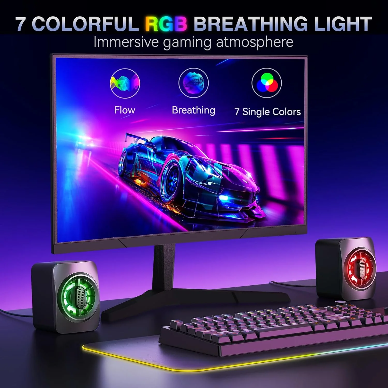 اسپیکر کامپیوتر OFFSIR، اسپیکر RGB PC، اسپیکر USB با پورت 3.5 میلی متری Aux برای کامپیوتر، PC، لپ تاپ، تبلت - اسپیکرهای کوچک کامپیوتر | صدای واضح و نورپردازی پویا 7 رنگ