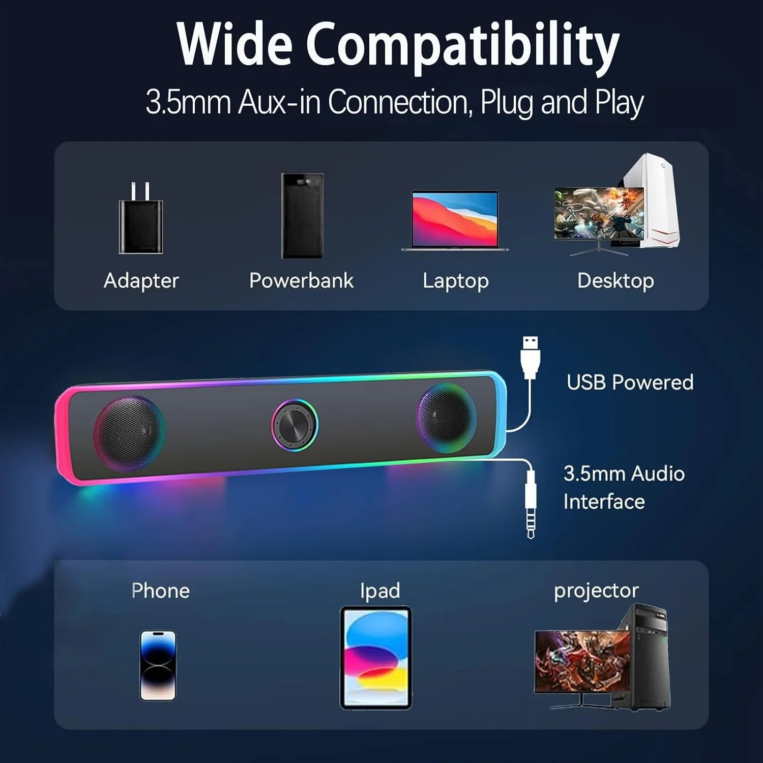 اسپیکر کامپیوتر OFHADF، اسپیکرهای کامپیوتر برای دسکتاپ، ساندبار کامپیوتر با تغذیه USB با نور LED RGB، استریو HiFi، کنترل صدا با دکمه، ورودی Aux 3.5 میلی متری، اسپیکر سیمی کوچک برای لپ تاپ، مانیتور، کامپیوتر