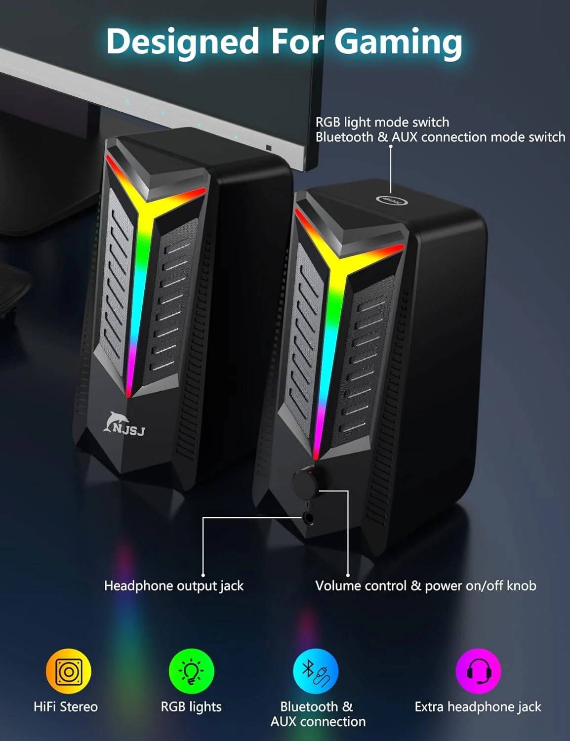 اسپیکرهای کامپیوتر NJSJ، اسپیکر بلوتوث 2.0 کامپیوتر برای دسکتاپ با نورپردازی RGB LED پویا، چند رسانه ای سیمی گیمینگ برای مانیتورهای لپ تاپ PC PS5، 10 وات