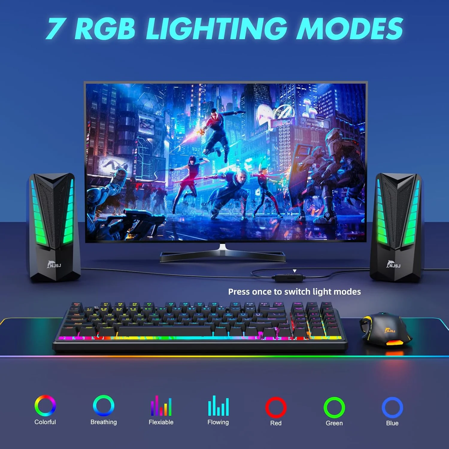 اسپیکر کامپیوتر NJSJ، اسپیکر 2.0 با تغذیه USB برای کامپیوتر رومیزی، اسپیکر سیمی 10 واتی کامپیوتر با 7 حالت RGB پویا، کنترل صدا، اسپیکر چند رسانه ای استریو 3.5 میلی متری AUX برای لپ تاپ، مانیتور، پروژکتور