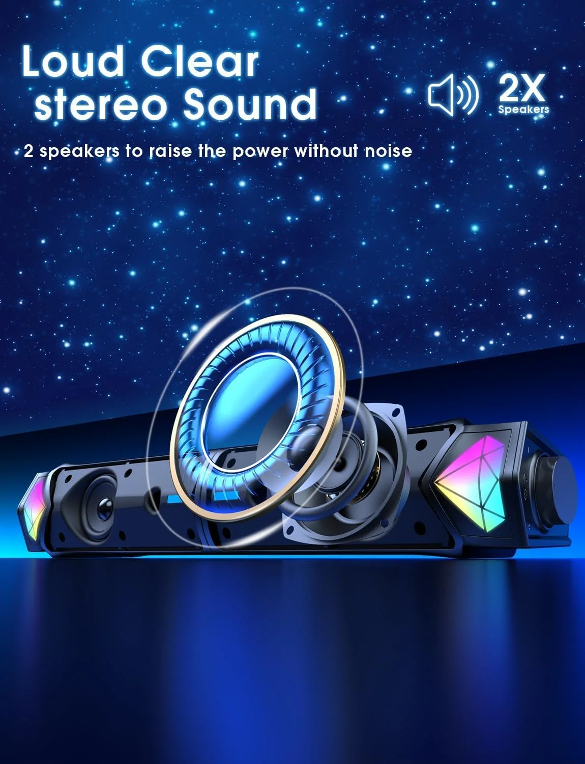 اسپیکر کامپیوتر نوتری، ساندبار بلوتوث کامپیوتر، استریو HiFi دوگانه و ساندبار لپ تاپ با نورپردازی RGB گرادیانی، اسپیکرهای USB برای دسکتاپ، مانیتور، تلفن، کامپیوتر، لپ تاپ (شامل آداپتور C)