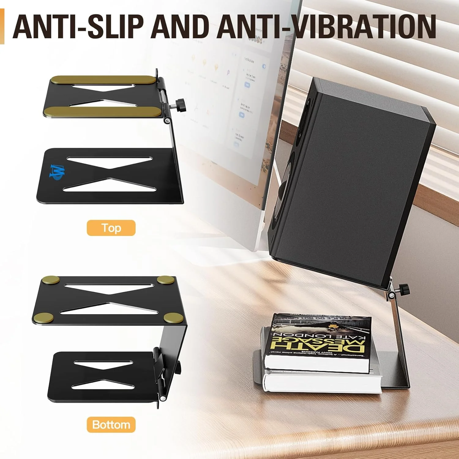 پایه رومیزی بلندگو Mounting Dream، مانیتور استودیویی شیب دار تا 15 درجه با پدهای ضد لرزش، مجموعه 2 عددی پایه بلندگوی قفسه کتاب، پایه بلندگوی صدای فراگیر - 33 پوند