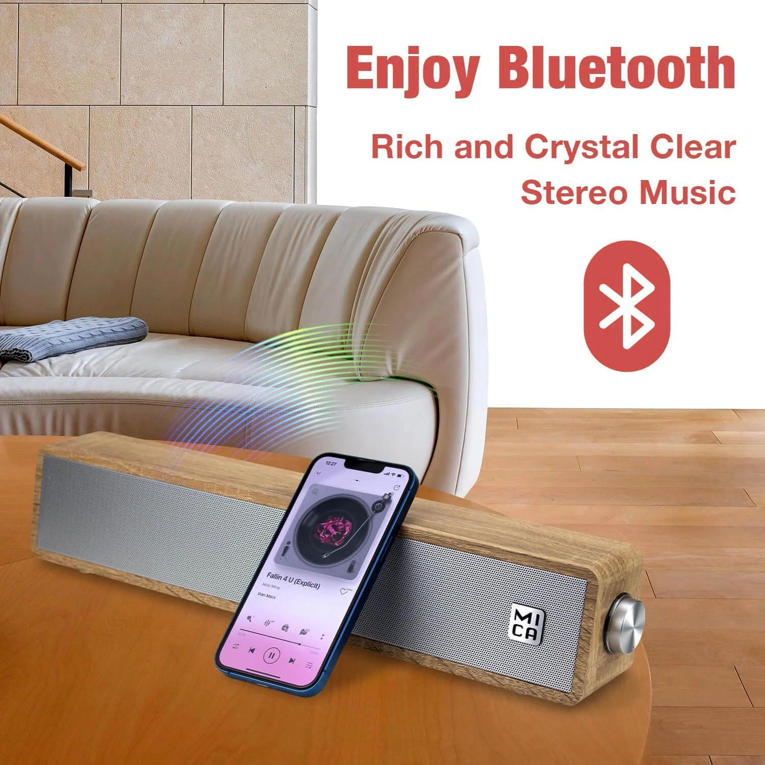 اسپیکرهای کامپیوتر بلوتوثی MICA PRODUCED، ساندبار چوبی زاویه دار کامپیوتر، اتصال 3.5 میلی متری Aux-in، اسپیکرهای کامپیوتر سیمی با تغذیه USB برای مانیتور دسکتاپ، لپ تاپ، تبلت - زرد (M30T)