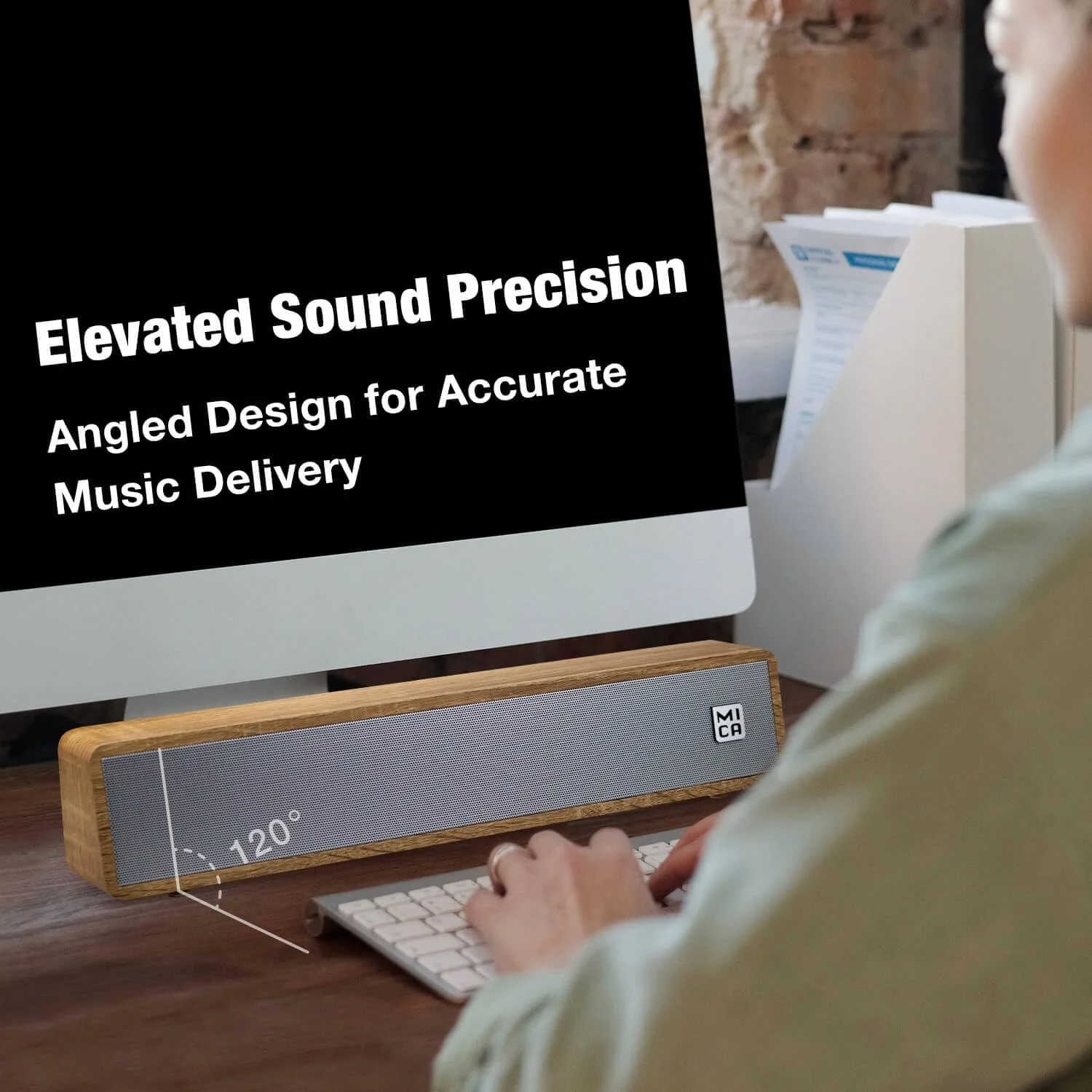 اسپیکرهای کامپیوتر بلوتوثی MICA PRODUCED، ساندبار چوبی زاویه دار کامپیوتر، اتصال 3.5 میلی متری Aux-in، اسپیکرهای کامپیوتر سیمی با تغذیه USB برای مانیتور دسکتاپ، لپ تاپ، تبلت - زرد (M30T)