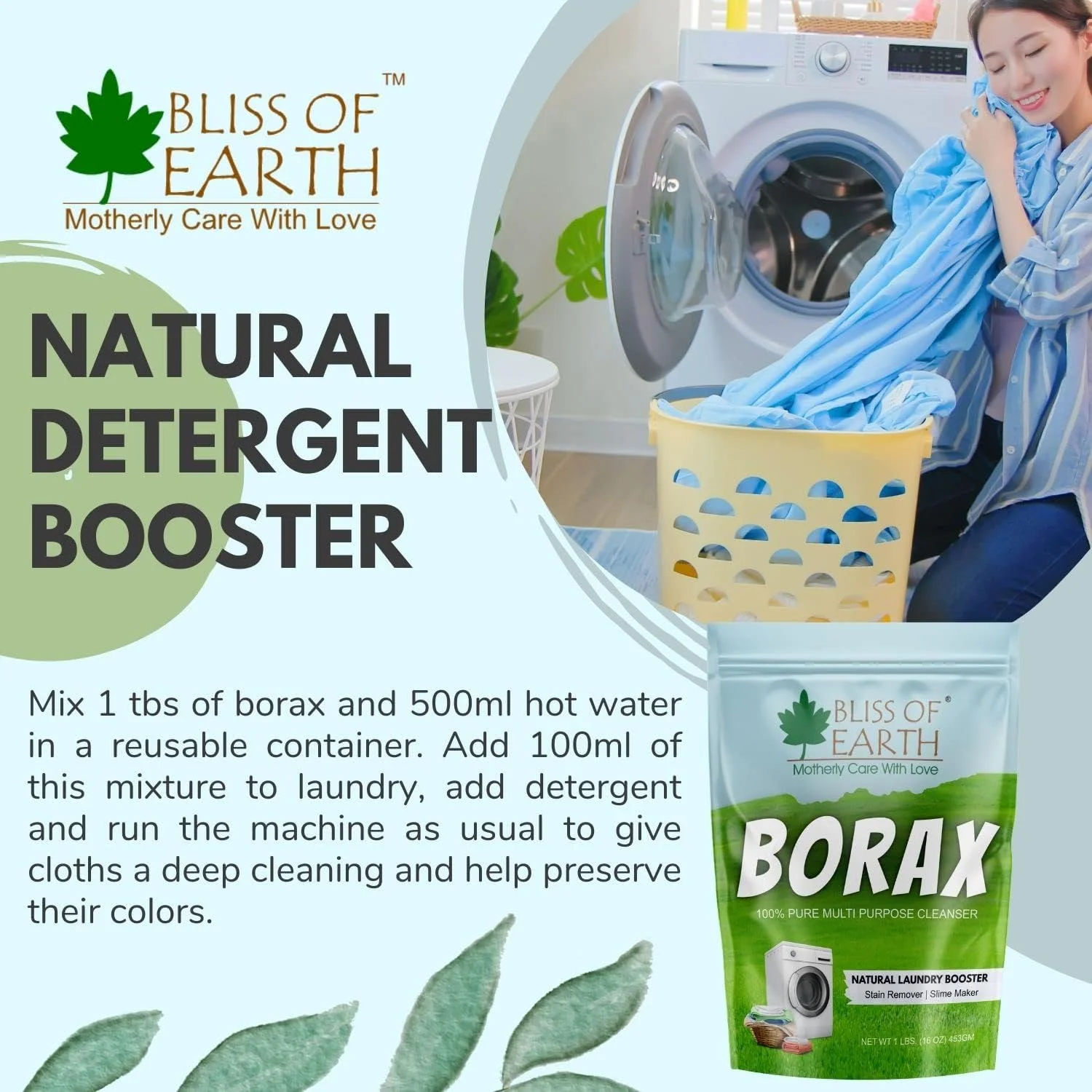 پودر بوراکس آمریکایی Bliss of Earth، تقویت کننده شوینده، فعال کننده اسلایم، پودر پاک کننده و لکه بر چند منظوره، از بین برنده مورچه ها، پودر بورات سدیم 100% خالص طبیعی، 2x453 گرم