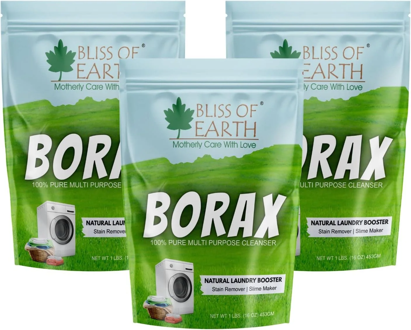 پودر بوراکس آمریکایی Bliss of Earth، تقویت کننده شوینده، پاک کننده چند منظوره و لکه بر، از بین برنده مورچه ها، پودر بورات سدیم 100% خالص و طبیعی، 3x453 گرم