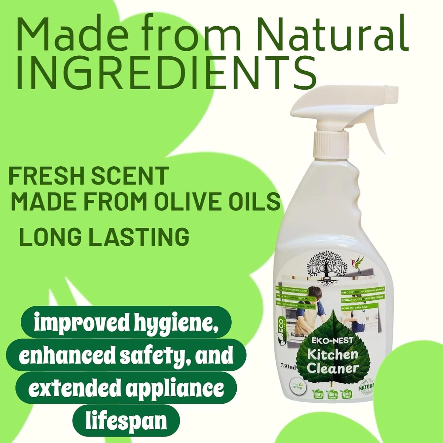 تمیز کننده آشپزخانه ارگانیک، اسپری چند منظوره برای تمام سطوح، فرمول گیاهی، غیر سمی، بدون مواد شیمیایی