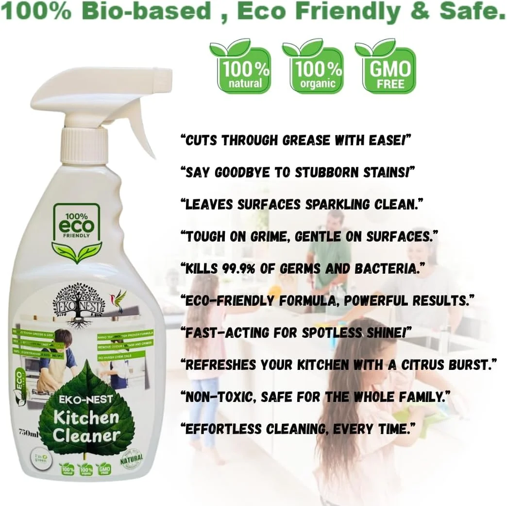 تمیز کننده آشپزخانه ارگانیک، اسپری چند منظوره برای تمام سطوح، فرمول گیاهی، غیر سمی، بدون مواد شیمیایی