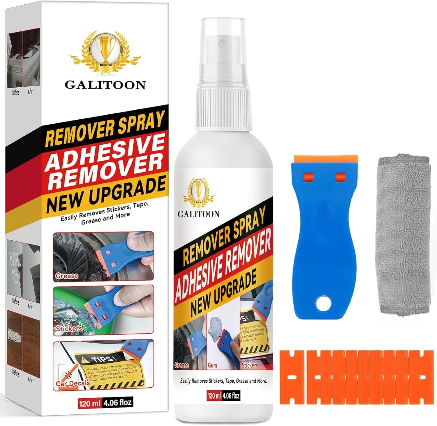 محلول پاک کننده چسب، 300 میلی لیتر از بین برنده مواد چسبنده به همراه کاردک پلاستیکی، پاک کننده چسب برای پاک کردن آسان برچسب ها، برگردان ها، پاک کننده برچسب برای خودرو