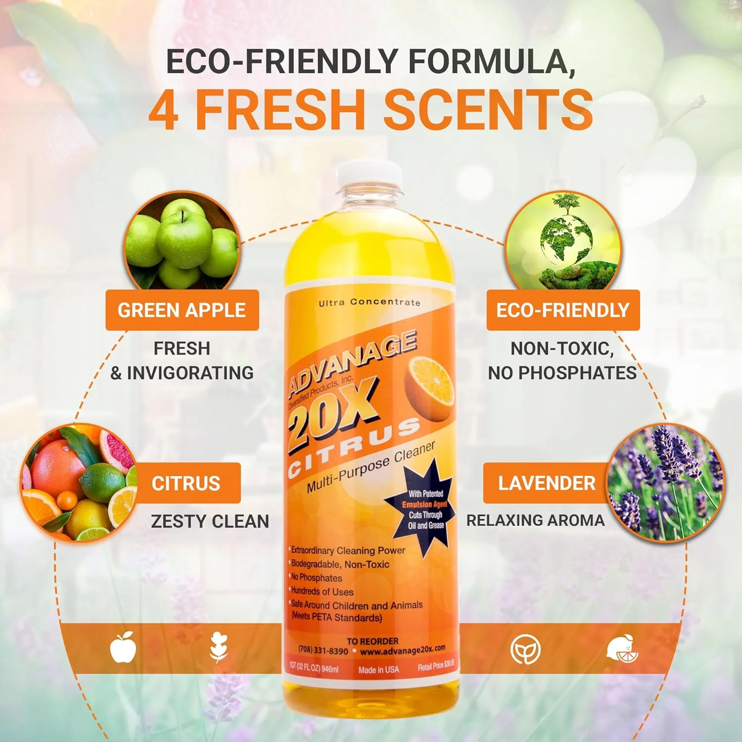 مایع پاک کننده چند منظوره فوق العاده قوی ADVANAGE 20X | فرمول فوق غلیظ، 20 کوارت مایع پاک کننده می دهد | سازگار با محیط زیست | ایمن برای کودکان و حیوانات خانگی | غیر سمی و زیست تخریب پذیر | با رایحه مرکبات | بطری 946 میلی لیتری