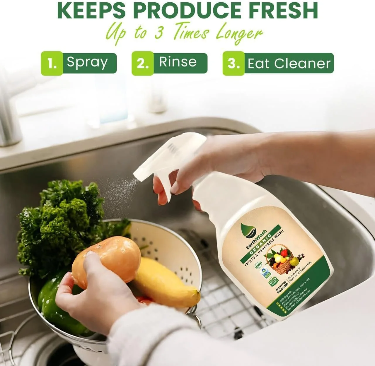 مایع شستشوی 100% ارگانیک میوه و سبزیجات – از بین برنده آفت کش ها، موم و آلودگی – بدون مواد شیمیایی، غیر سمی، پاک کننده مواد غذایی – ایمن برای کودکان و حیوانات خانگی – طبیعی و سازگار با محیط زیست (750 میلی لیتر)