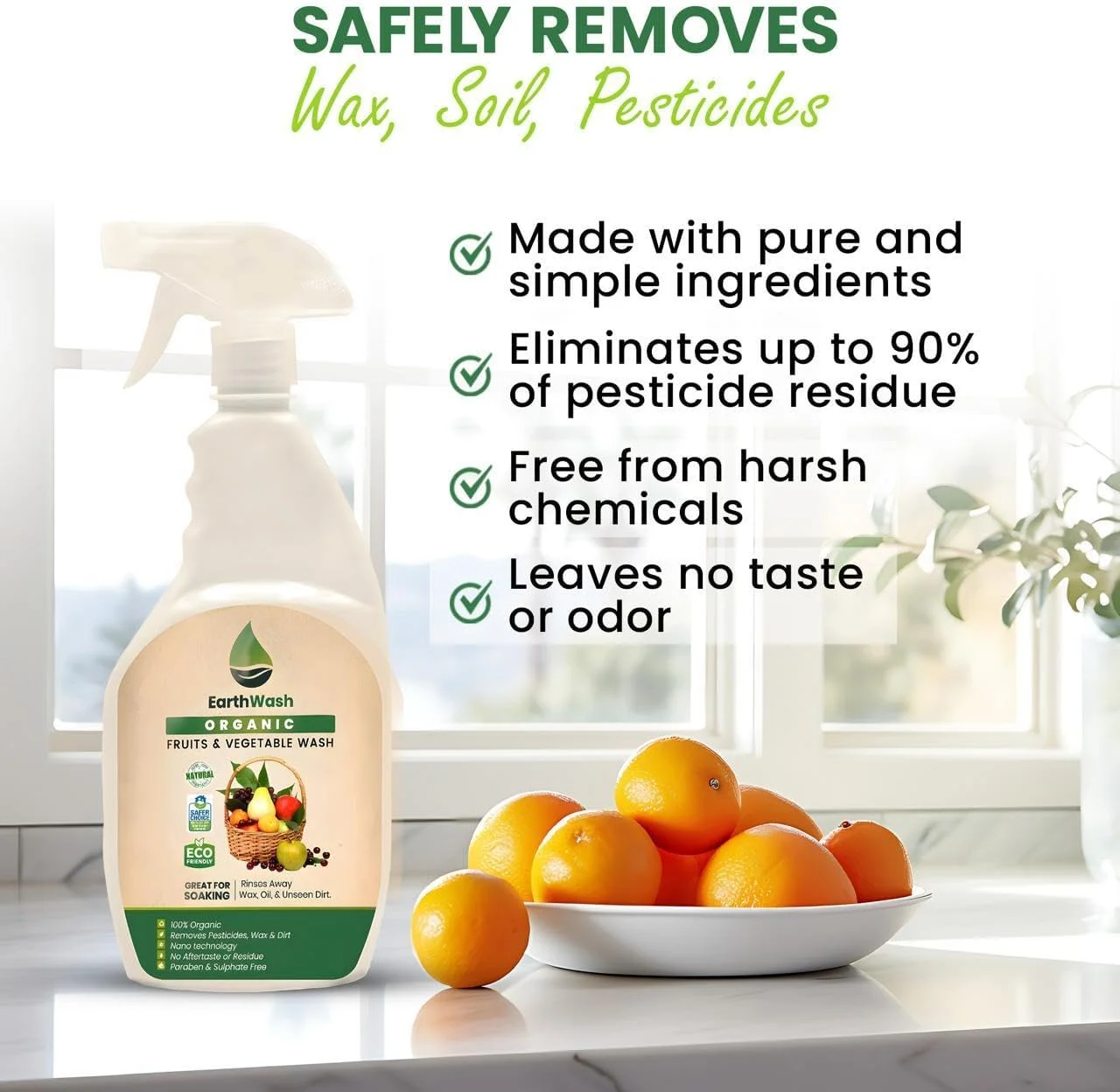مایع شستشوی 100% ارگانیک میوه و سبزیجات – از بین برنده آفت کش ها، موم و آلودگی – بدون مواد شیمیایی، غیر سمی، پاک کننده مواد غذایی – ایمن برای کودکان و حیوانات خانگی – طبیعی و سازگار با محیط زیست (750 میلی لیتر)