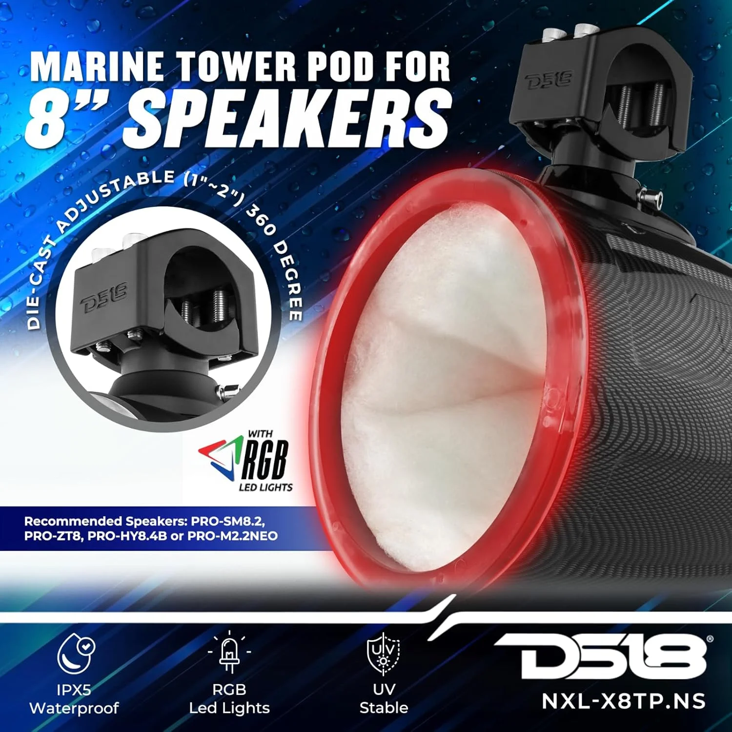 محفظه خالی بلندگوی برج DS18 Marine and Powersports با نورهای LED RGB و توری - مناسب برای بلندگوی 8 اینچی - سفید - بلندگو شامل نمی شود - عالی برای قایق ها، جیپ ها، ATV، UTV، Powersports، ماشین گلف، همه عناصر