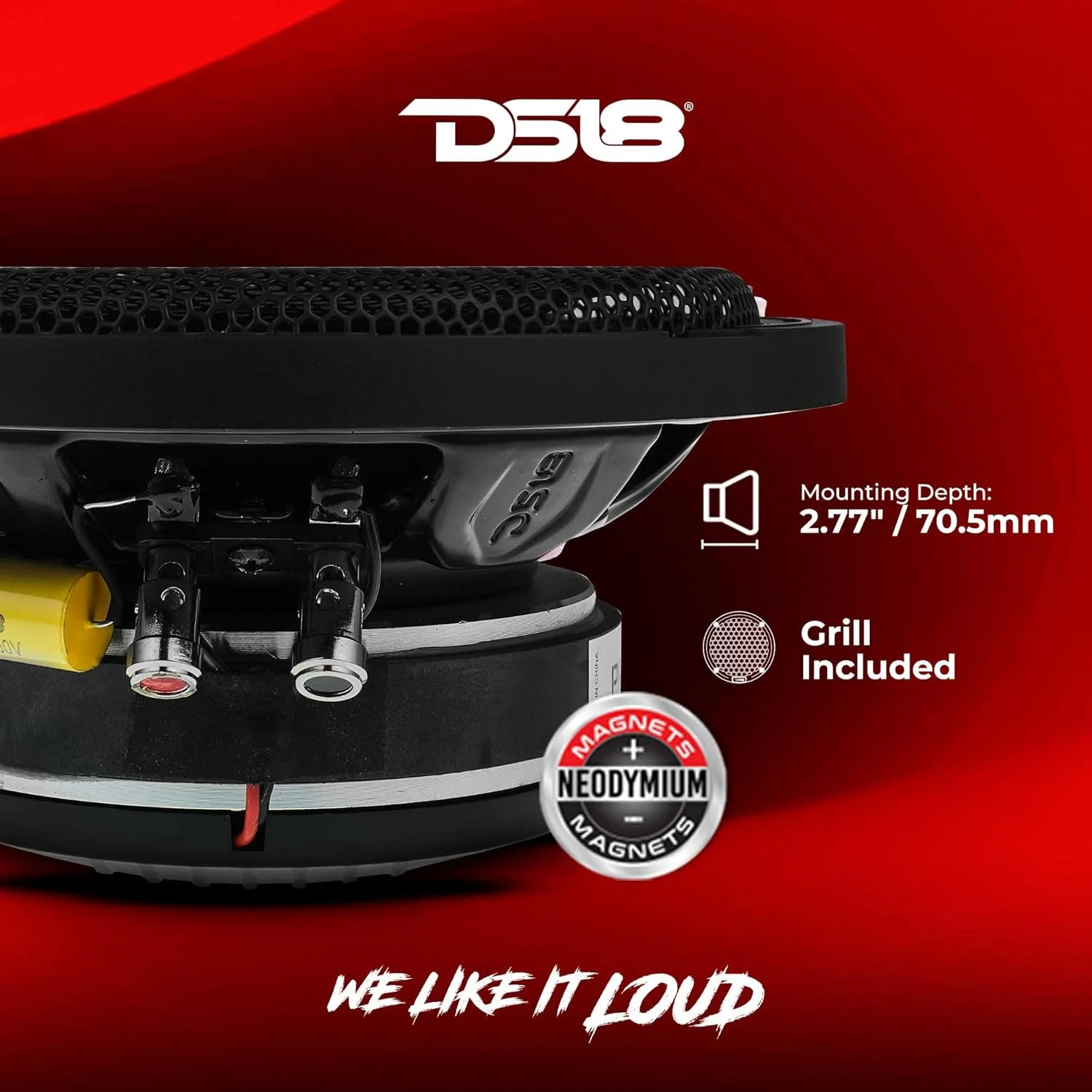 بلندگوی خودرو DS18 PRO-HY6.4MSL 6.5 اینچی میان رده هیبریدی کم عمق با درایور داخلی و توری، حداکثر توان 300 وات، توان اسمی 150 وات، 4 اهم (تک بلندگو)