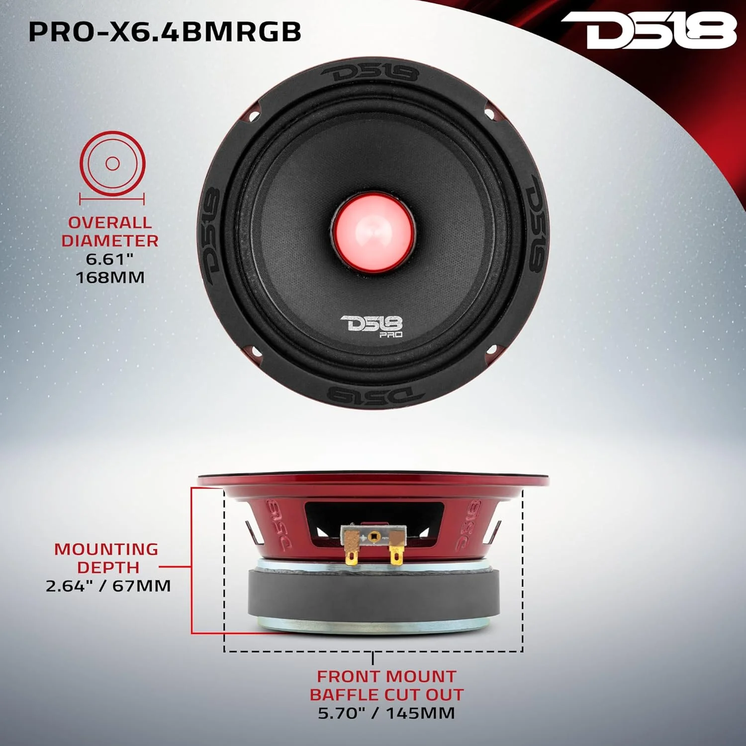 بلندگوی DS18 PRO-X6.4BMRGB با نور RGB - 6.5 اینچ، میان رده، حداکثر 500 وات، RMS 250 وات، 4 اهم - بلندگوهای درب با کیفیت عالی برای سیستم صوتی استریو خودرو یا کامیون (1 عدد بلندگو)