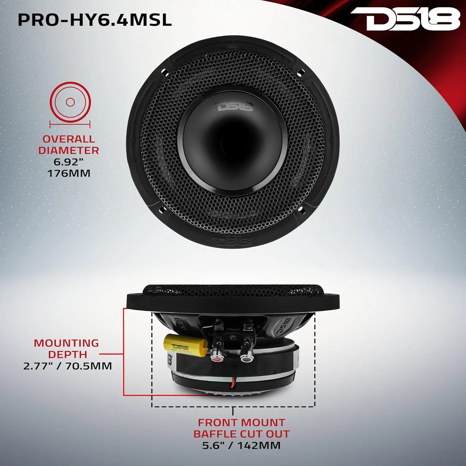 بلندگوی خودرو DS18 PRO-HY6.4MSL 6.5 اینچی میان رده هیبریدی کم عمق با درایور داخلی و توری، حداکثر توان 300 وات، توان اسمی 150 وات، 4 اهم (تک بلندگو)
