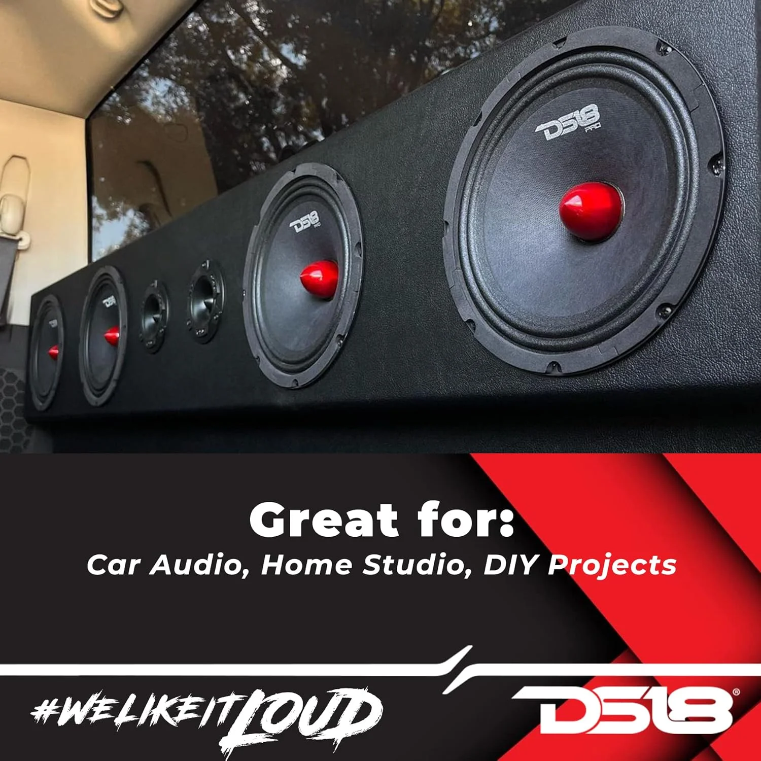 بلندگوی DS18 PRO-GM8.4B - 8 اینچ، میان رده، بولت آلومینیومی قرمز، حداکثر توان 580 وات، 4 اهم، سیم پیچ صوتی کاپتون 1.5 اینچی، بلندگوهای درب با کیفیت عالی برای سیستم صوتی استریو خودرو یا کامیون (1 عدد بلندگو)