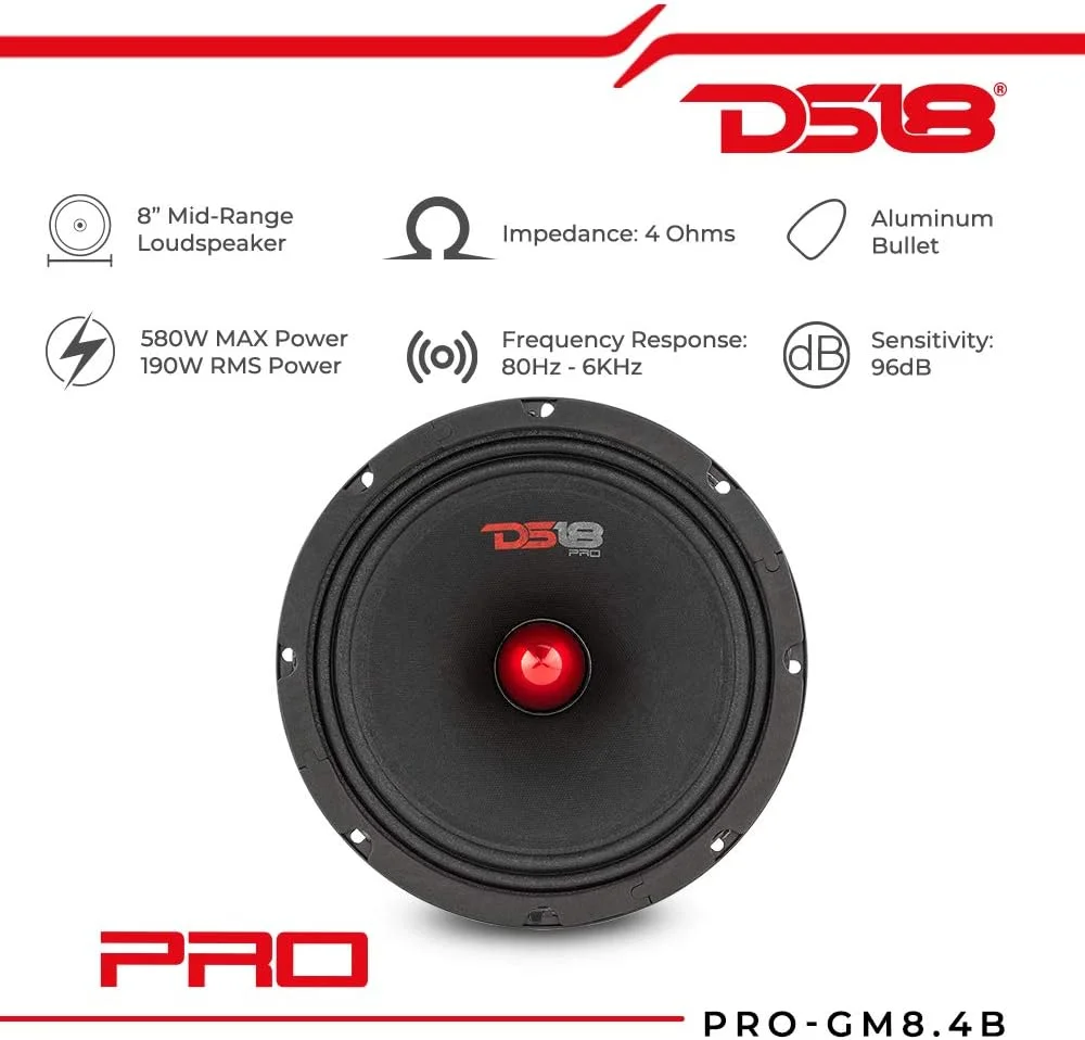 بلندگوی DS18 2X PRO-GM8.4B - 8 اینچ، میان رده، بولت آلومینیومی قرمز، حداکثر 580 وات، 4 اهم، سیم پیچ صوتی کاپتون 1.5 اینچی، بلندگوهای درب با کیفیت عالی برای سیستم صوتی استریوی خودرو یا کامیون (2 بلندگو)