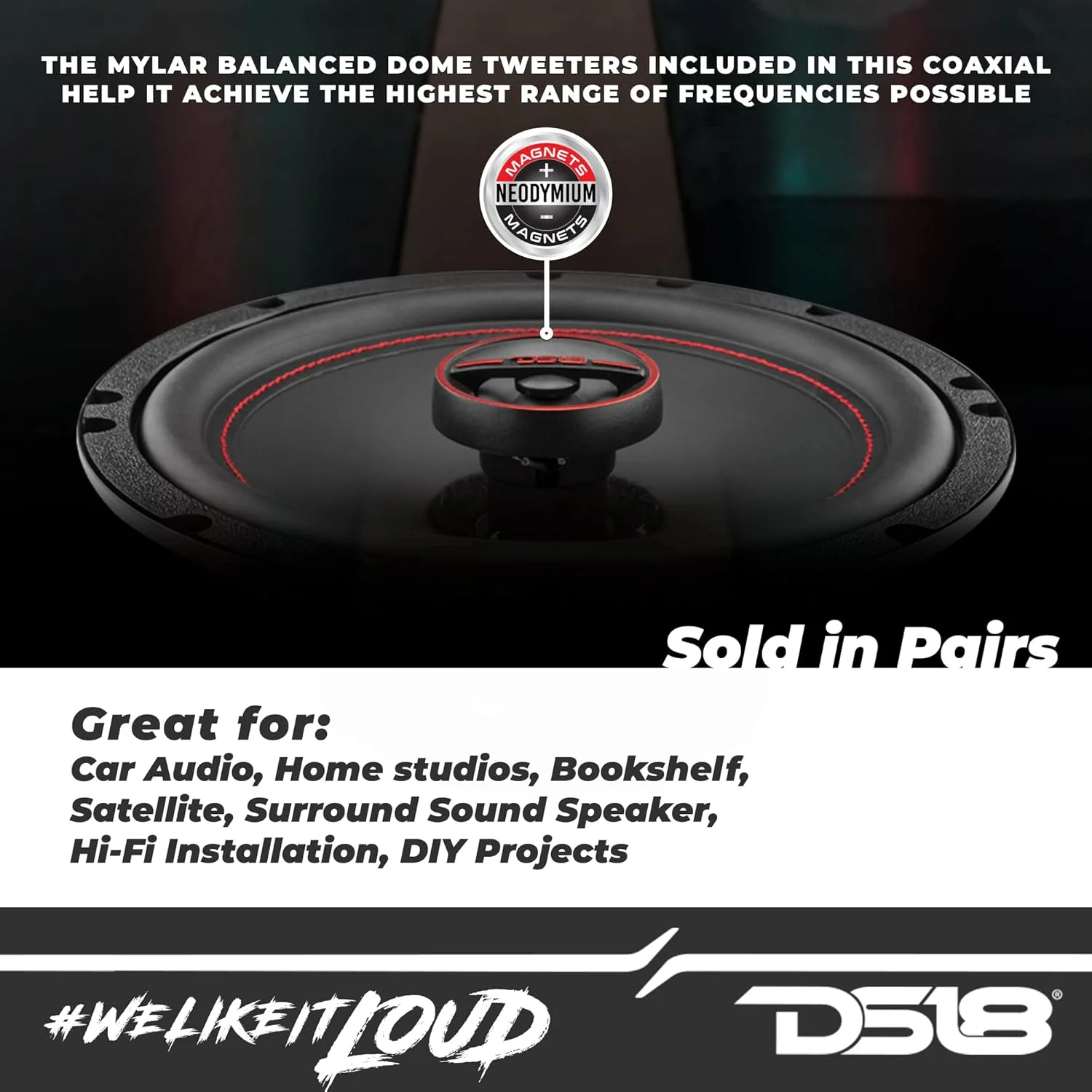 بلندگوهای کواکسیال 2 طرفه 6.5 اینچی DS18 G6.5Xi GEN-X، حداکثر توان 150 وات، توان اسمی 50 وات، 4 اهم - توییترهای گنبدی مایلار با آهنربای نئودیمیوم - دارای توری - مناسب برای سیستم صوتی استریوی خودرو - 2 عدد بلندگو