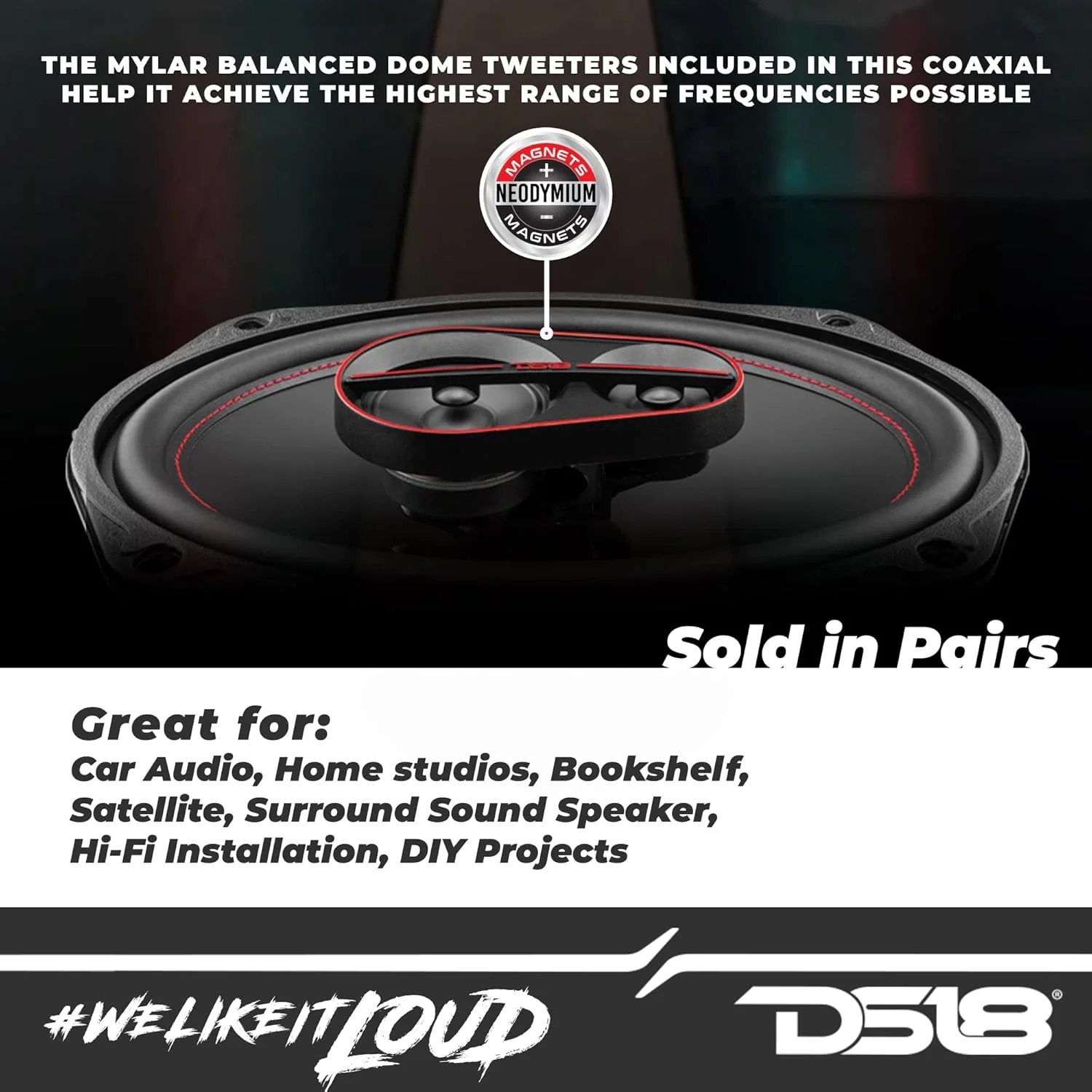 بلندگوهای کواکسیال 3 طرفه DS18 G6.9Xi GEN-X 6x9 اینچ 180 وات 4 اهم با توییترهای گنبدی مایلار - دارای توری - بلندگوی فول رنج عالی برای سیستم صوتی استریو خودرو - یک جفت