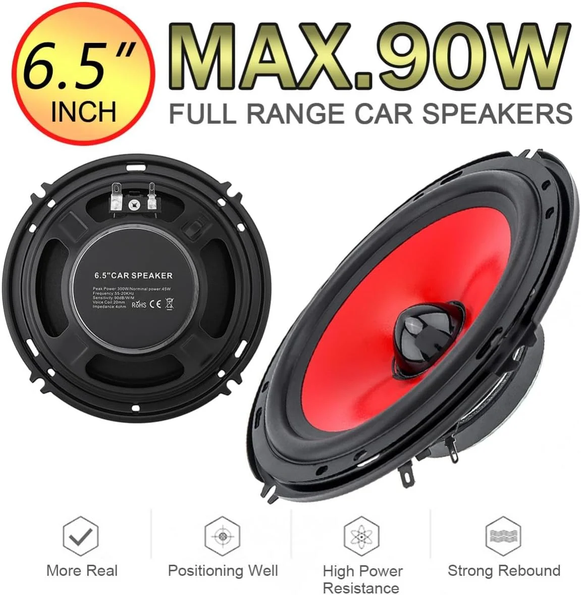 بلندگوی صوتی خودرو DriSentri، دو عدد، 6.5 اینچ، 90 وات، فرکانس کامل، مید-باس سنگین، بلندگوهای اصلاح شده، نصب غیر مخرب