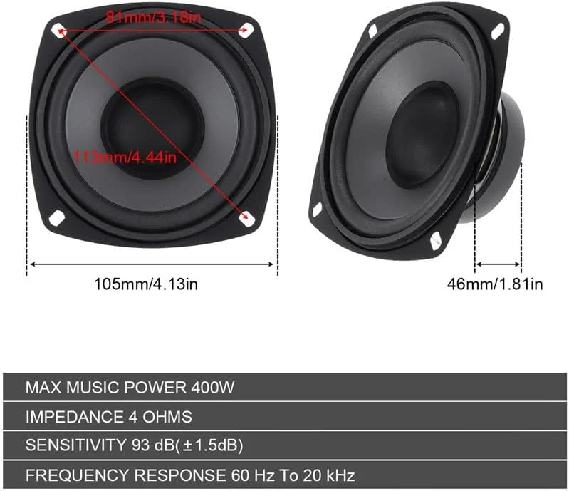 بلندگوی صوتی خودرو دری‌سنتری، 4 اینچ، 400 وات، 2 راهه، مناسب درب خودرو، استریو، پوشش کامل فرکانس‌ها