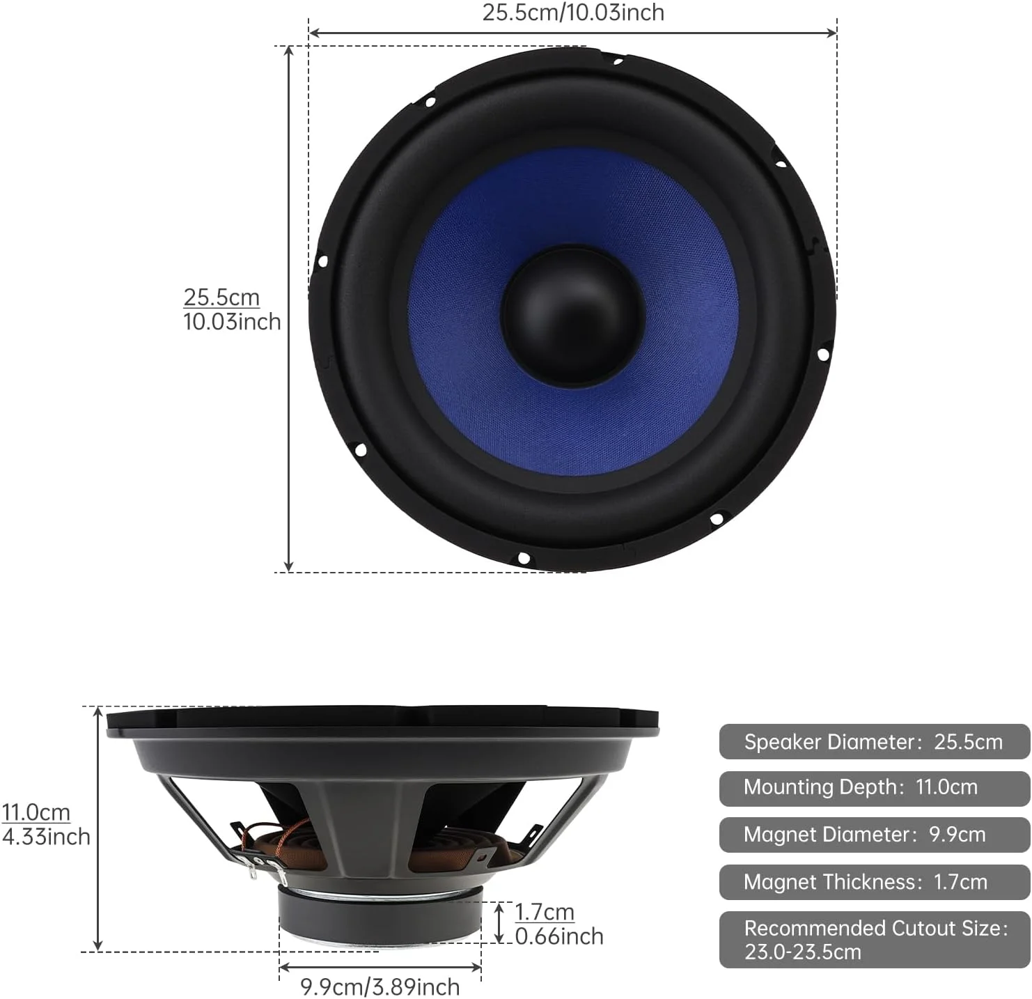 بلندگوی ووفر 10 اینچی دریسنتری، بلندگوی استریوی صوتی خودرو با پاسخ فرکانسی گسترده برای سیستم صوتی خودرو/سینماهای خانگی، آبی بلندگوی ووفر 10 اینچی دریسنتری، بلندگوی استریوی صوتی خودرو با پاسخ فرکانسی گسترده برای سیستم صوتی خودرو/سینماهای خانگی، آبی