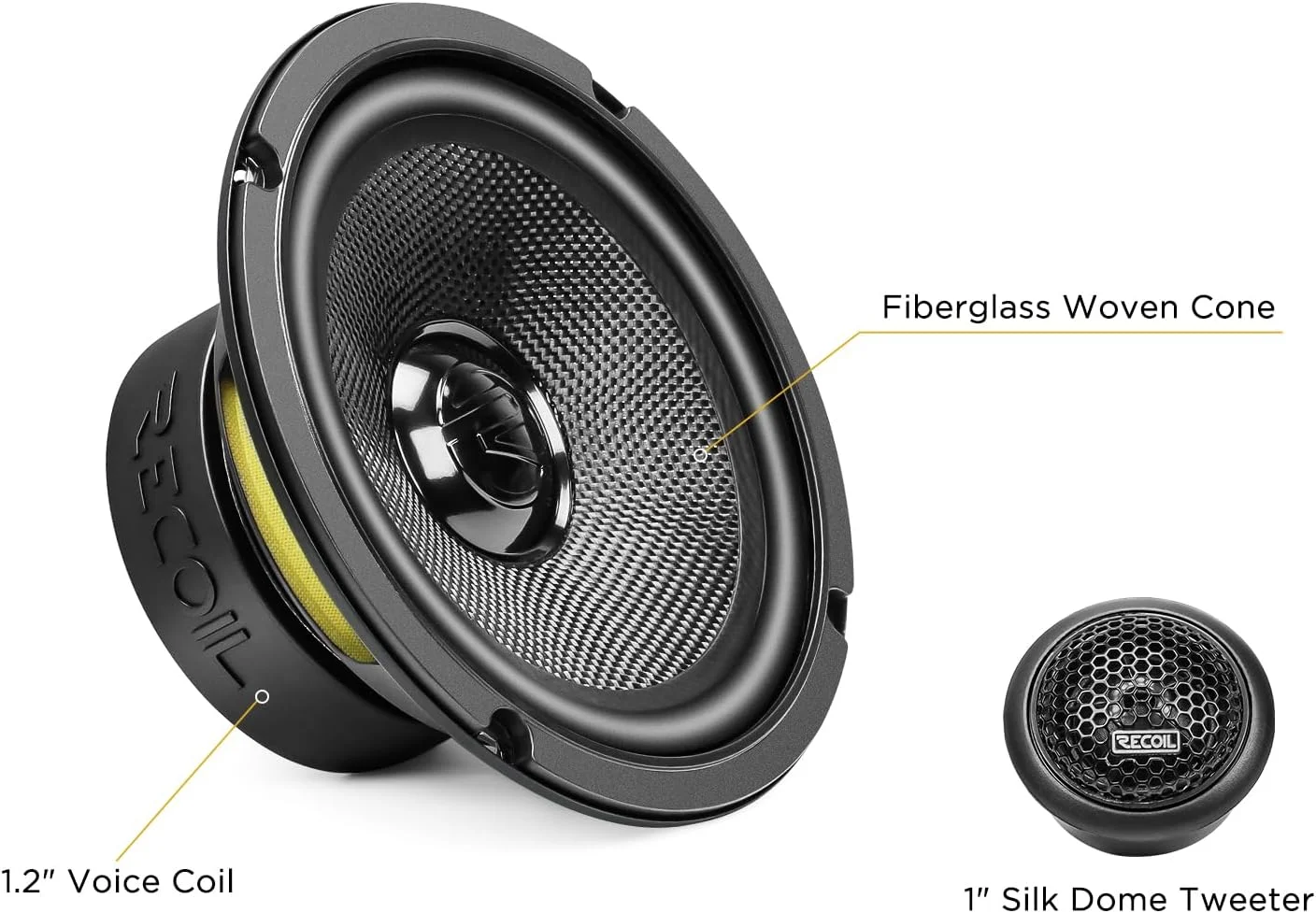 سیستم بلندگوی کامپوننت خودرو RECOIL RMC65 سری Echo Plus، سایز 6.5 اینچ، حداکثر توان 320 وات (جفت) به همراه تیوتر گنبدی ابریشمی 1 اینچی