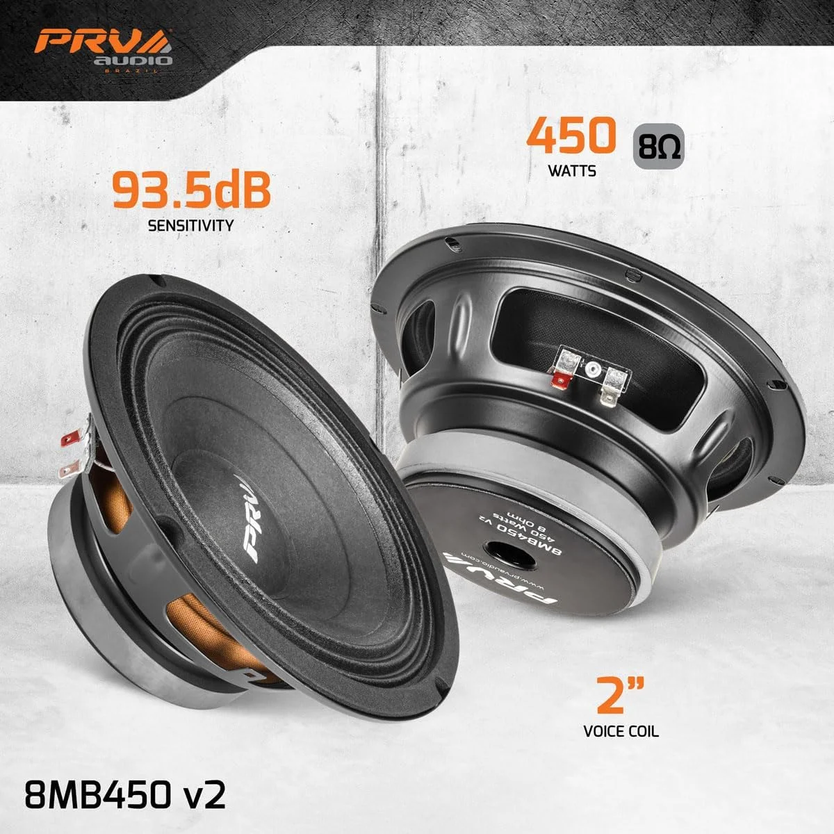 باند میدبیس 8 اینچی PRV Audio مدل 8MB450 v2، توان 450 وات، 8 اهم، سیم پیچ 2 اینچی، بلندگو برای سیستم صوتی حرفه ای/خودرو (2 عدد)