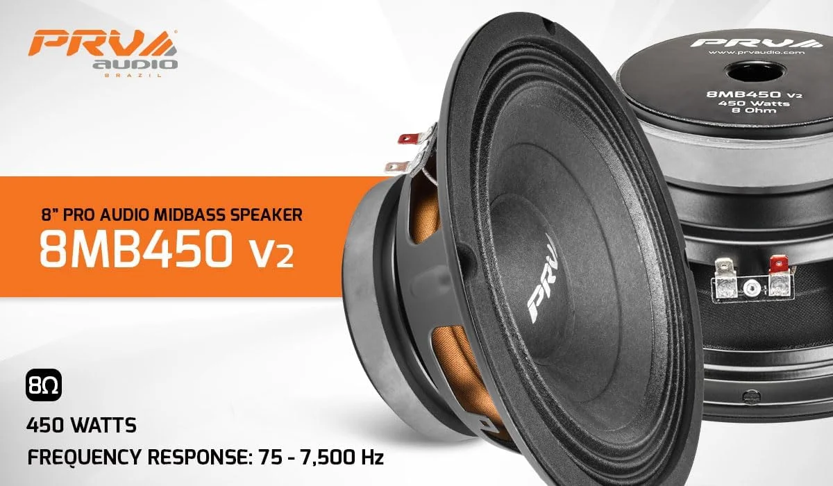 باند میدبیس 8 اینچی PRV Audio مدل 8MB450 v2، توان 450 وات، 8 اهم، سیم پیچ 2 اینچی، بلندگو برای سیستم صوتی حرفه ای/خودرو (2 عدد)