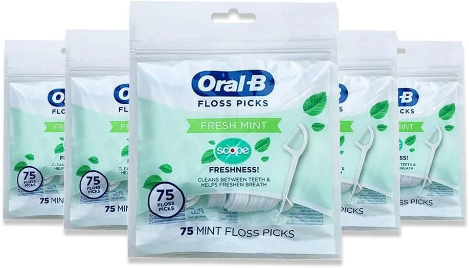 نخ دندان کمانی نعنایی Oral-B با طعم طراوت Scope، مقاوم در برابر ریش ریش شدن، 75 عدد (بسته 5 عددی)