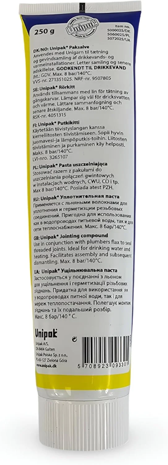 خمیر درزگیری Unipak از PSW TRADE SUPPLIERS LTD، خمیرهای لوله کشی برای تمام کارهای درزگیری عمومی روی لوله های رزوه ای هستند - و همه آنها با کتان استفاده می شوند. 250 گرم خمیر درزگیری Unipak از PSW TRADE SUPPLIERS LTD، خمیرهای لوله کشی برای تمام کارهای درزگیری عمومی روی لوله های رزوه ای هستند - و همه آنها با کتان استفاده می شوند. 250 گرم