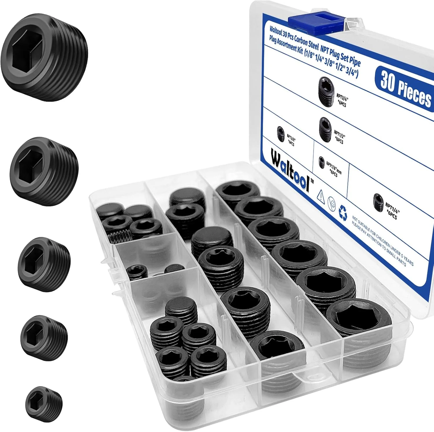مجموعه 30 عددی پلاگ های لوله NPT فولادی کربنی Waltool، سایزهای 1/8، 1/4، 3/8، 1/2، 3/4 اینچ، پلاگ لوله سوکت رزوه شش گوش داخلی برای آب بندی درگاه لوله مجموعه 30 عددی پلاگ های لوله NPT فولادی کربنی Waltool، سایزهای 1/8، 1/4، 3/8، 1/2، 3/4 اینچ، پلاگ لوله سوکت رزوه شش گوش داخلی برای آب بندی درگاه لوله