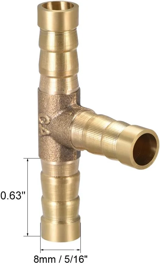 اتصال شیلنگ برنجی خاری 8 میلیمتری یا 5/16 اینچی، سه راهی T شکل، اتصال شیلنگ خاری هوا، گاز، آب، سوخت، اتصال دهنده تی، 2 عدد اتصال شیلنگ برنجی خاری 8 میلیمتری یا 5/16 اینچی، سه راهی T شکل، اتصال شیلنگ خاری هوا، گاز، آب، سوخت، اتصال دهنده تی، 2 عدد