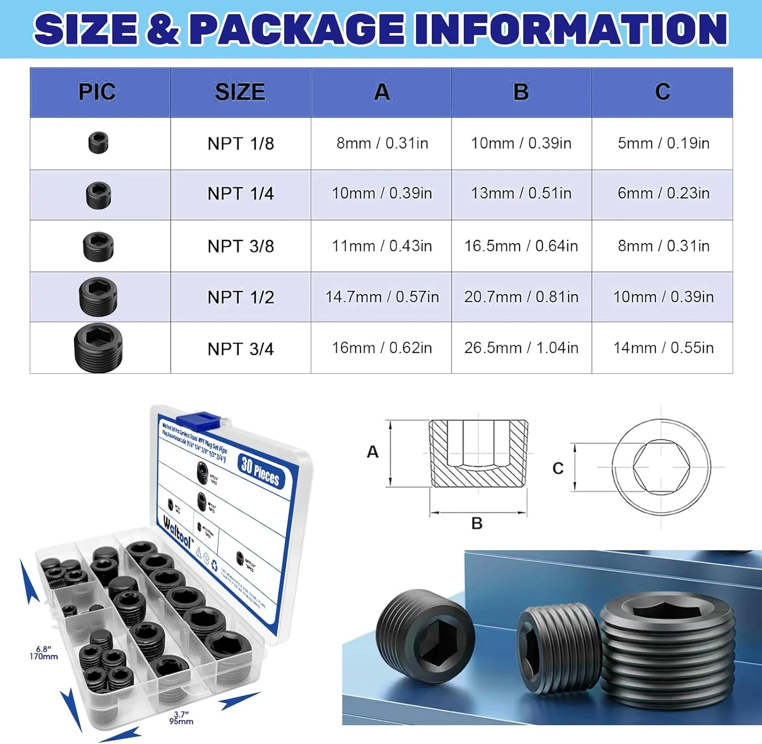 مجموعه 30 عددی پلاگ های لوله NPT فولادی کربنی Waltool، سایزهای 1/8، 1/4، 3/8، 1/2، 3/4 اینچ، پلاگ لوله سوکت رزوه شش گوش داخلی برای آب بندی درگاه لوله مجموعه 30 عددی پلاگ های لوله NPT فولادی کربنی Waltool، سایزهای 1/8، 1/4، 3/8، 1/2، 3/4 اینچ، پلاگ لوله سوکت رزوه شش گوش داخلی برای آب بندی درگاه لوله