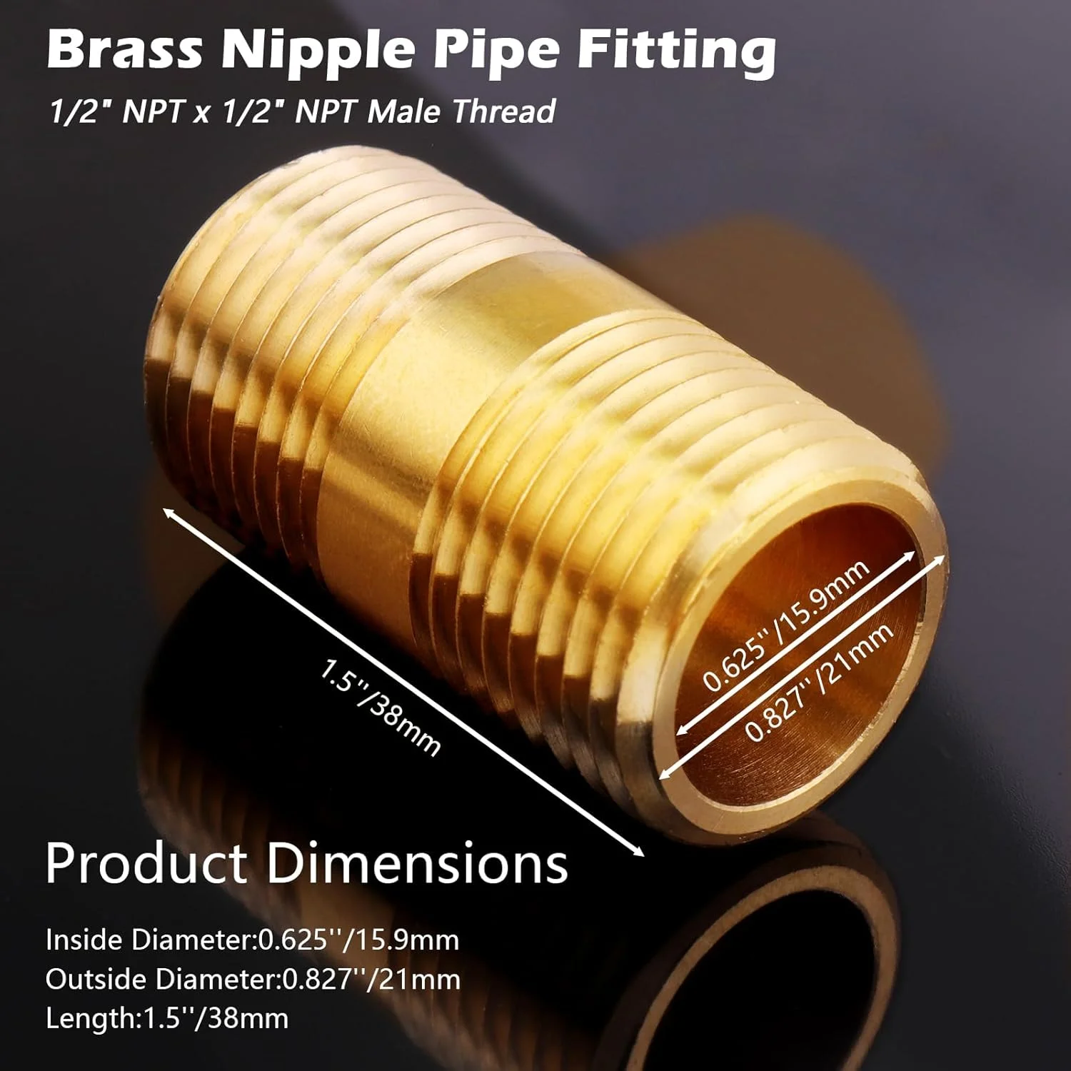 اتصالات لوله برنجی LSTOPGO 1/2 اینچ، اتصال مستقیم نر 1/2 اینچ NPT x 1/2 اینچ NPT، طول 1-1/2 اینچ 1200psi (بسته 2 عددی)