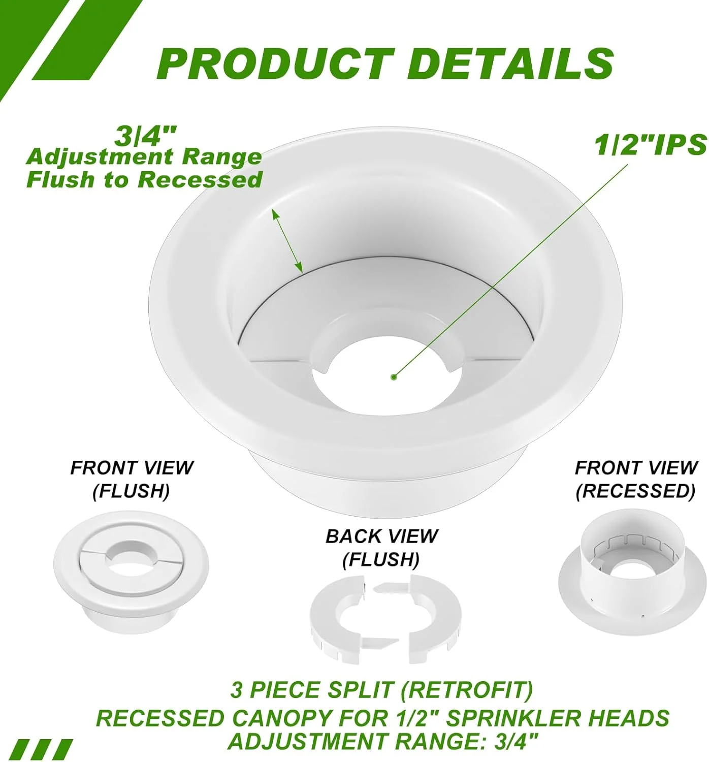 شیمیاو 12 عددی روکش تزئینی اسپرینکلر آتش نشانی فرورفته، 1/2 اینچ آی پی اس، 3/4 اینچ قابلیت تنظیم، حلقه تزئینی صفحه پوشش سر فرورفته، سه تکه جدا شونده، سفید، روکش اسپرینکلر آتش نشانی برای سقف