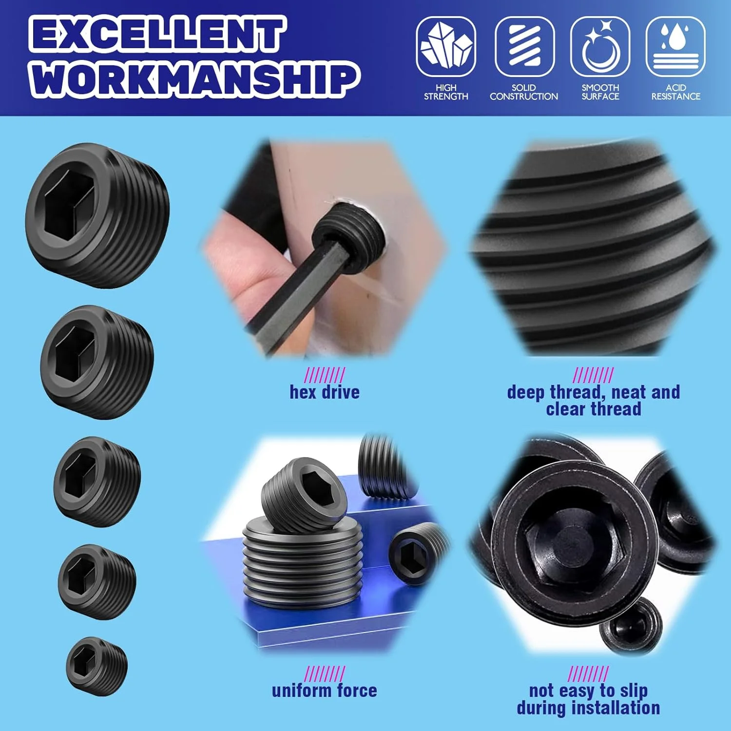 مجموعه 30 عددی پلاگ های لوله NPT فولادی کربنی Waltool، سایزهای 1/8، 1/4، 3/8، 1/2، 3/4 اینچ، پلاگ لوله سوکت رزوه شش گوش داخلی برای آب بندی درگاه لوله مجموعه 30 عددی پلاگ های لوله NPT فولادی کربنی Waltool، سایزهای 1/8، 1/4، 3/8، 1/2، 3/4 اینچ، پلاگ لوله سوکت رزوه شش گوش داخلی برای آب بندی درگاه لوله