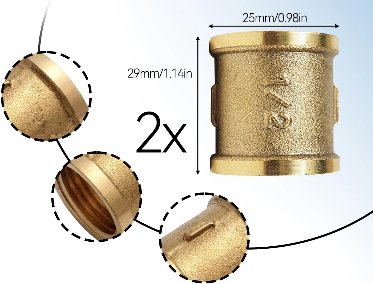 Lhbwhiz بسته 2 عددی آستین 1/2 اینچی، اتصال دهنده رزوه ماده برنجی، آستین چدنی دوبل، اتصالات برنجی، اتصال رزوه ای، برای اتصال لوله سیستم آب آشامیدنی (طلایی)