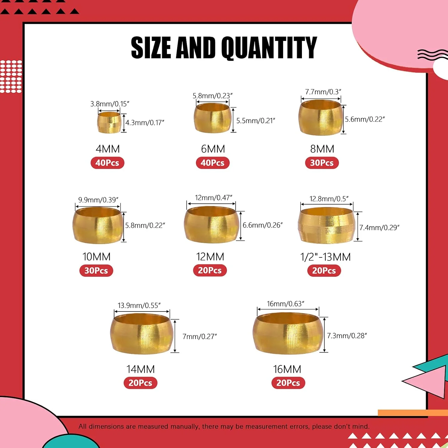 Hilitchi مجموعه اتصالات فشاری برنجی، شامل 220 عدد بوشن فشاری در 8 سایز مختلف با قطرهای خارجی 4 تا 16 میلی متر (متریک)