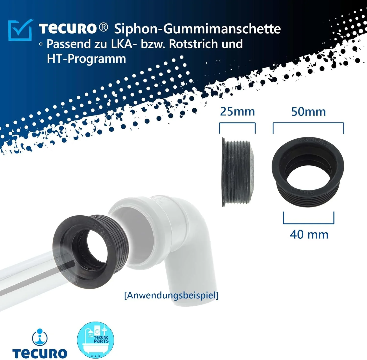 آستین لاستیکی سیفون Tecuro V11435 برای قطر لوله تخلیه بیرونی، مشکی، 50 میلی متر x قطر داخلی 40 میلی متر