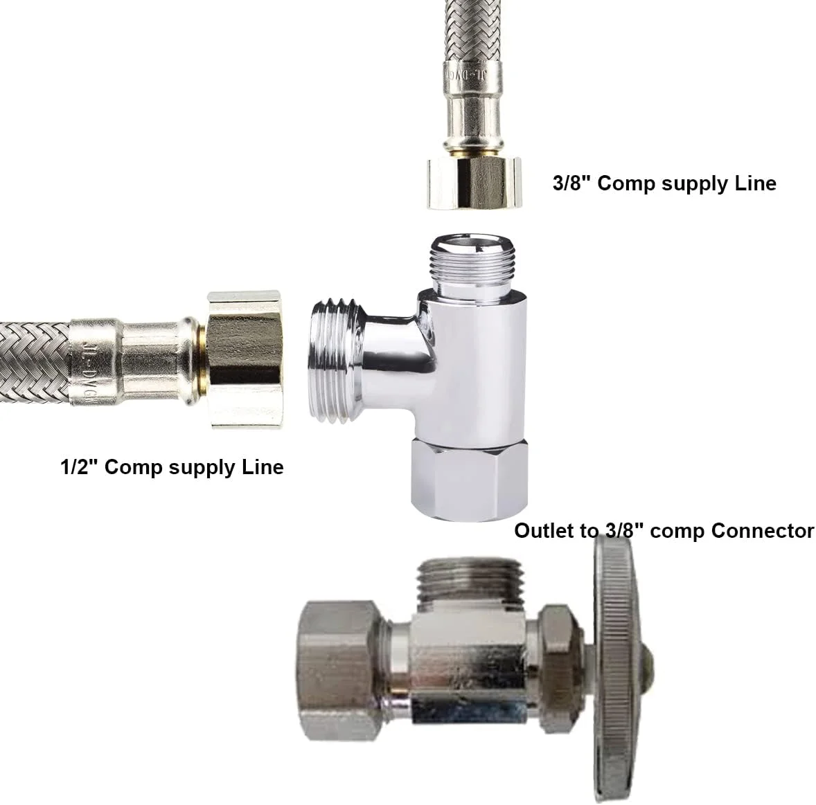 اتصال سه راهی برنجی Tsinghwang، سایز 3/8 اینچ در 1/2 اینچ، اتصال دهنده خط آب 3/8 اینچ، شیر T، روکش نیکل برس خورده (تک) اتصال سه راهی برنجی Tsinghwang، سایز 3/8 اینچ در 1/2 اینچ، اتصال دهنده خط آب 3/8 اینچ، شیر T، روکش نیکل برس خورده (تک)