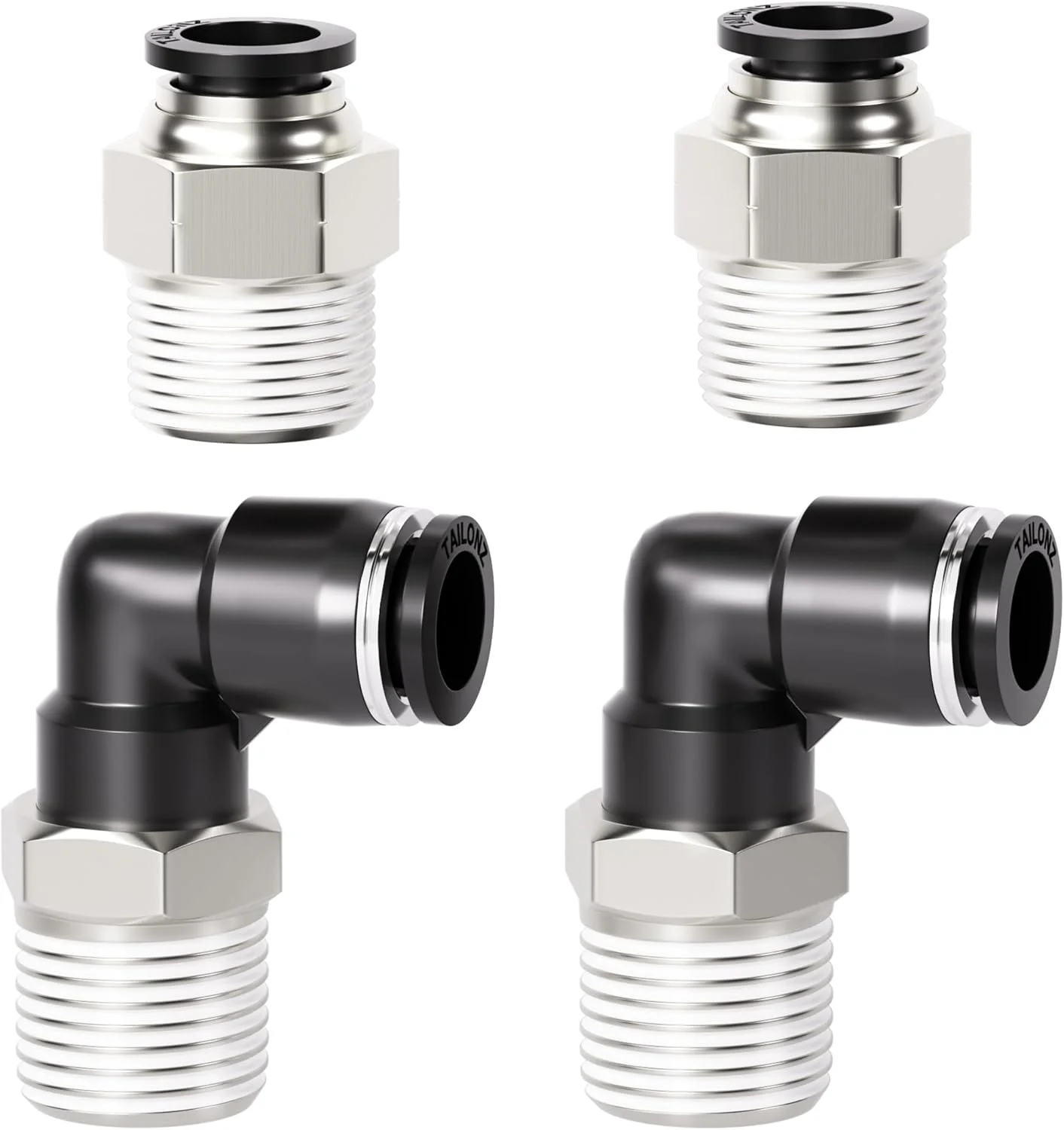 اتصالات پنوماتیک زانویی و مستقیم Tailonz، لوله 1/2 اینچ OD x رزوه 1/2 اینچ NPT، اتصالات فشاری PC-1/2-N4+PL-1/2-N4 (بسته 12 عددی)