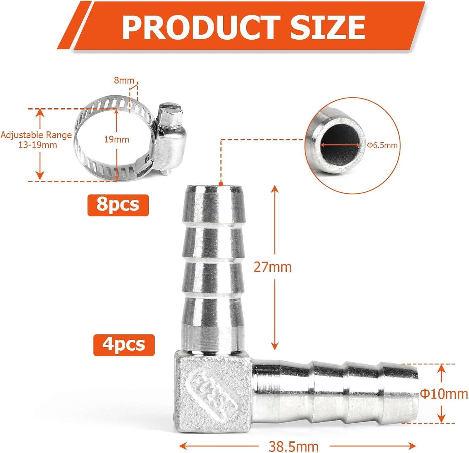 سوپاوِی، بسته 4 عددی اتصالات شیلنگ استیل 304، سایز 10 میلی‌متر، دو راهی L شکل، زانویی 90 درجه با رزوه نری به همراه 8 بست شیلنگ، آداپتور اتصال برای سوخت، هوا، آب، گاز و روغن