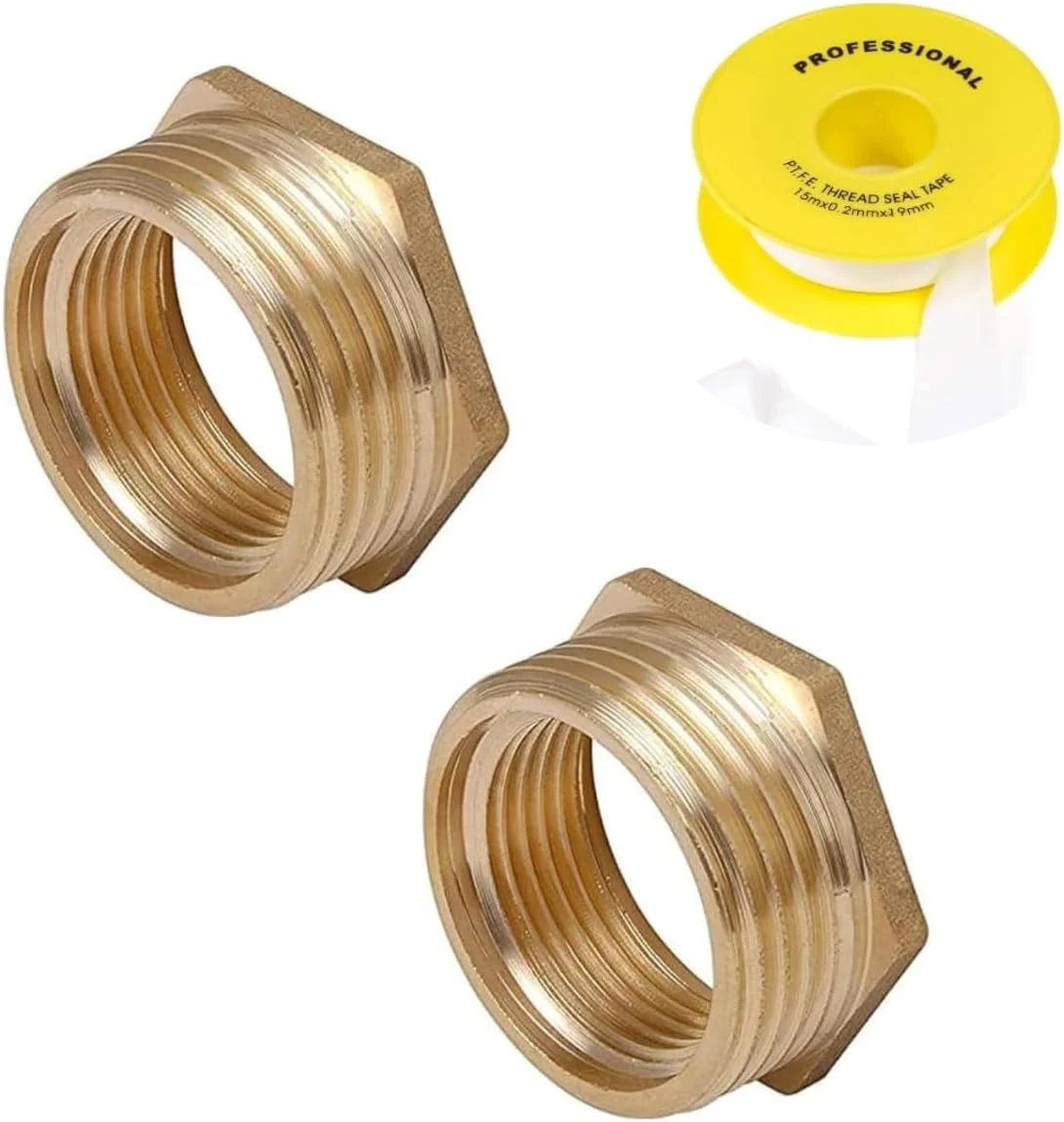 بیلا، بسته 2 عددی کاهنده برنجی، رزوه نر BSP به رزوه ماده، بوش کاهنده، بوش کاهنده شش گوش، اتصالات لوله شلنگ، آداپتور اتصال و نوار تفلون (1 اینچ به 3/4 اینچ)